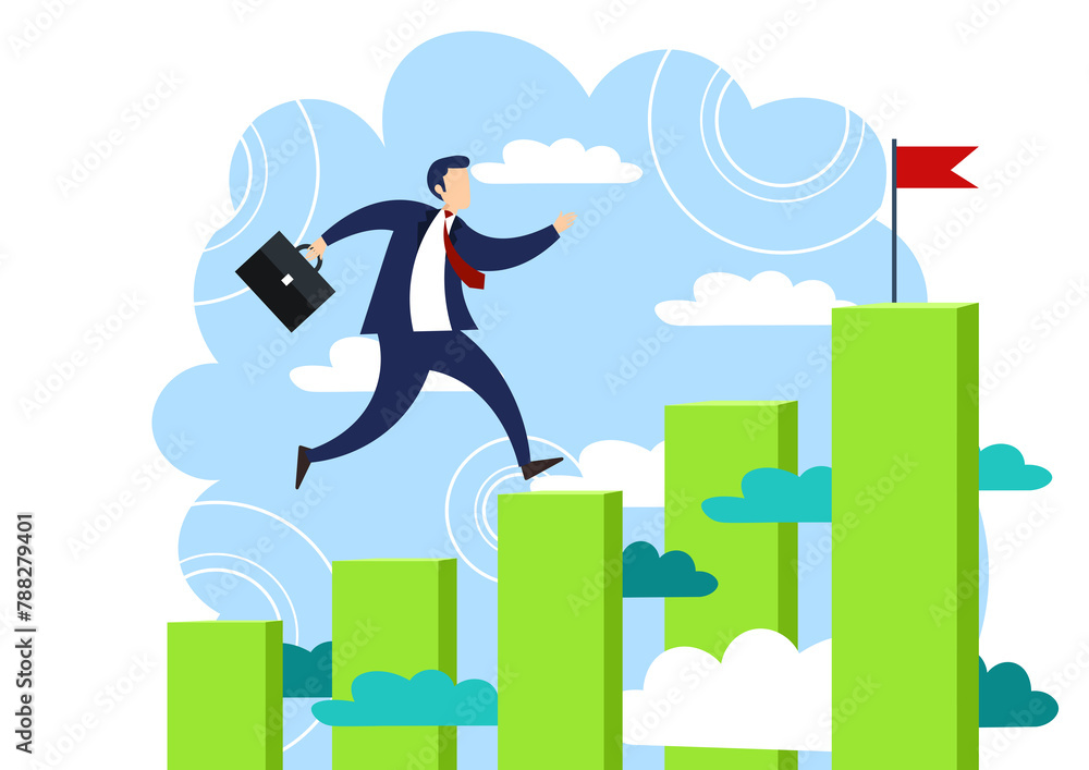 Businessman runs on graph chart upwards by steps to his goal. Business make deal metaphor in minimalistic flat style. Cartoon PNG illustration