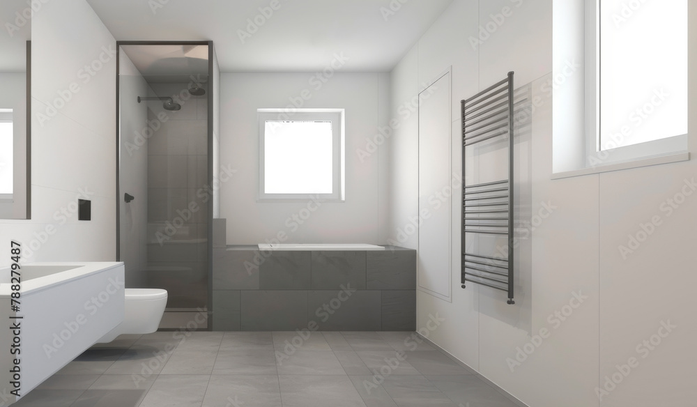 © Helen-HD - Modern bathroom with white tiled walls, spacious shower area, sleek toilet. Well-lit space exudes contemporary ambiance, ideal for relaxation and luxurious bath experience.