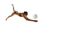 Banner. Young athlete woman, beach volleyball player passes ball in motion against white background. Negative space. Concept of sport games, movement, championship, power and strength, dynamic, energy