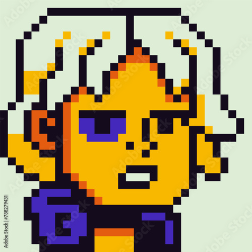 Hooligan with black eye pixel girl character in headphones, avatar, cartoon vector icon, game user or web profile person, people, 8-bit, social net portrait, young woman face, modern cryptoart.