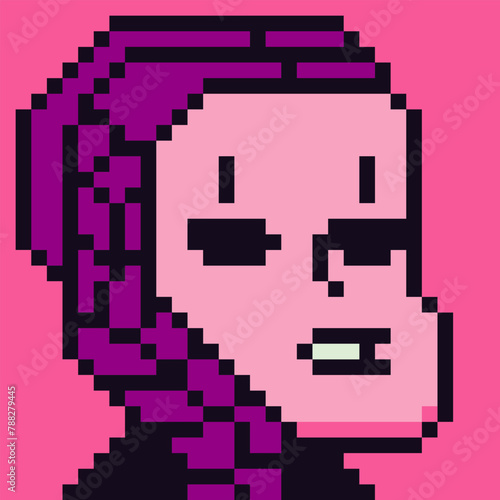 8-bit girl with pigtail, avatar pixel female character with pink hair, cartoon vector icon, game user pic web profile persons and people, social net portrait, young cute face, minimalistic fashion