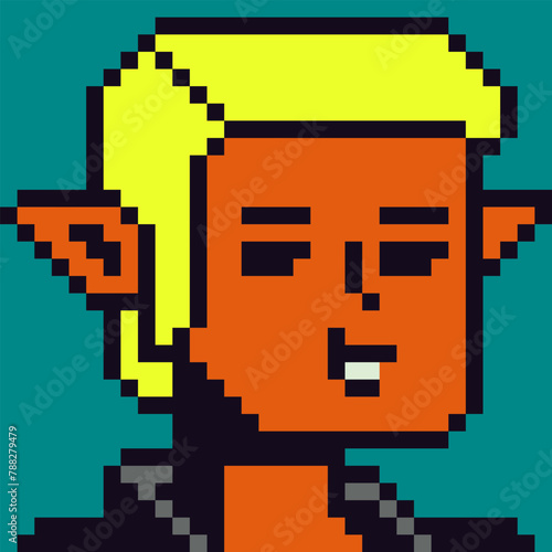 Pixel art man elf ears portrait 80-s, cryptoart, 8-bit, male cute character, avatar, cartoon vector icon, game user, web profile persons, people, social net portrait, minimalistic style.