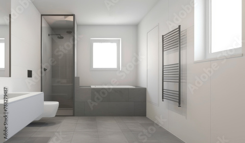 Modern bathroom with white tiled walls  spacious shower area  sleek toilet. Well-lit space exudes contemporary ambiance  ideal for relaxation and luxurious bath experience.