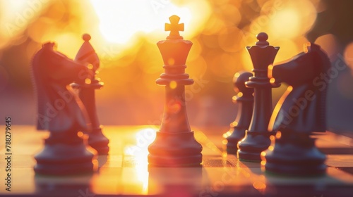 A close-up of a chessboard with pieces arranged for the start of a game, with a soft glow of sunrise in the background.