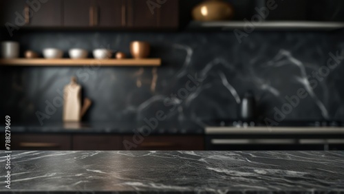 Elegant Simplicity Dark Marble Tabletop in a Softly Blurred Kitchen Background