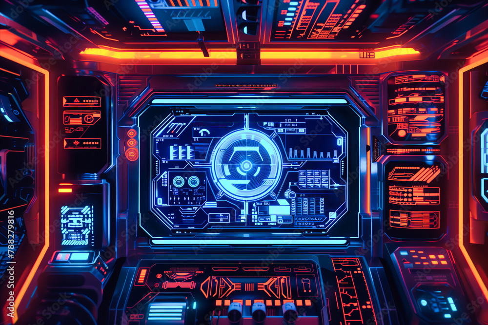 Obraz premium A futuristic space station display with a glowing blue screen