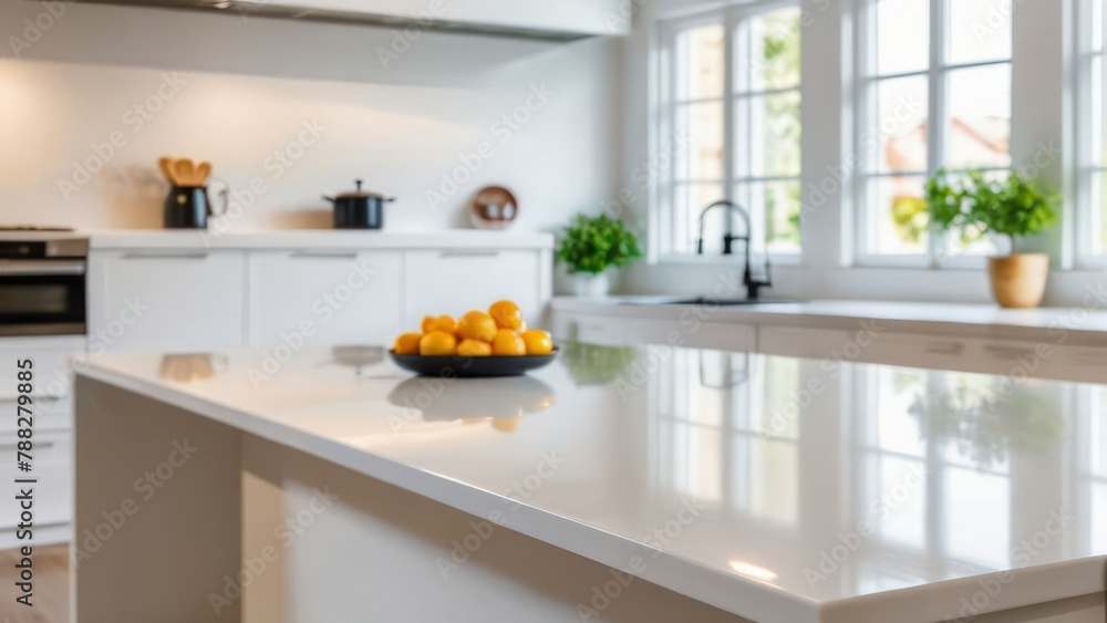 Fototapeta premium Elegant Simplicity White Countertop or Kitchen Island in a Softly Blurred Modern Kitchen Background