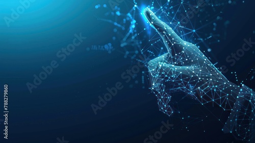 Abstract technology line triangle and points businessman low poly hold the phone in hand polygonal future modern wire frame on hi tech future blue background. AI generated