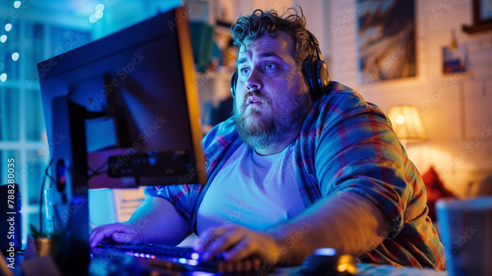 Obraz premium A extreme obese man sitting at a desk with a computer monitor in front of him addiction social problems