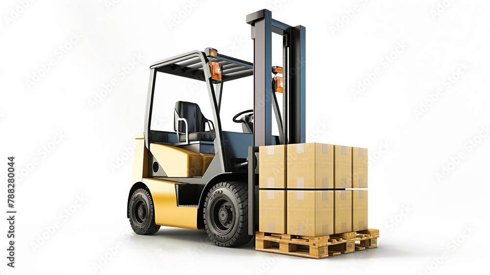 A yellow forklift lifting a pallet of boxes A yellow forklift lifting a pallet of boxes