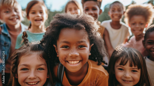 A group of children are smiling and posing for a picture, the children are of different ages and multi ethnic, but they all have one thing in common: they are happy and enjoying the moment photo
