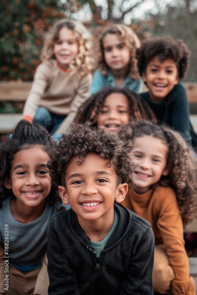 A group of children with curly hair are smiling and posing for a picture, scene is happy and joyful, as the children are enjoying each other company and having a good time A group of children with curly hair are smiling and posing for a picture, scene is happy and joyful, as the children are enjoying each other company and having a good time