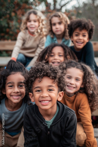 A group of children with curly hair are smiling and posing for a picture, scene is happy and joyful, as the children are enjoying each other company and having a good time