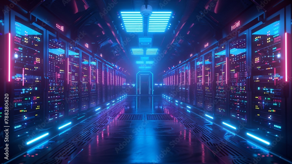 A long, dark hallway with bright neon lights on either side. A long, dark hallway with bright neon lights on either side.