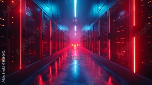 A long, dark hallway with red and blue neon lights on the walls and floor.