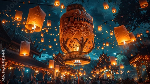 In the heart of Chiang Mai, the letters of THAILAND materialize amidst a sea of lanterns, casting a warm glow against the night sky. © 2D_Jungle