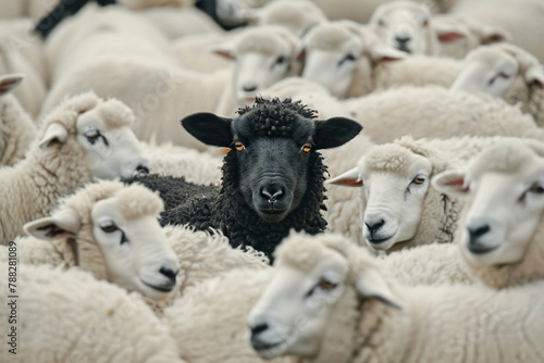 black sheep in flock of white sheeps