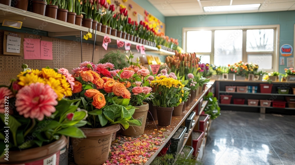 Obraz premium A classroom adorned with flowers, gifts, and handwritten notes to celebrate Teacher Appreciation Weekimage illustration