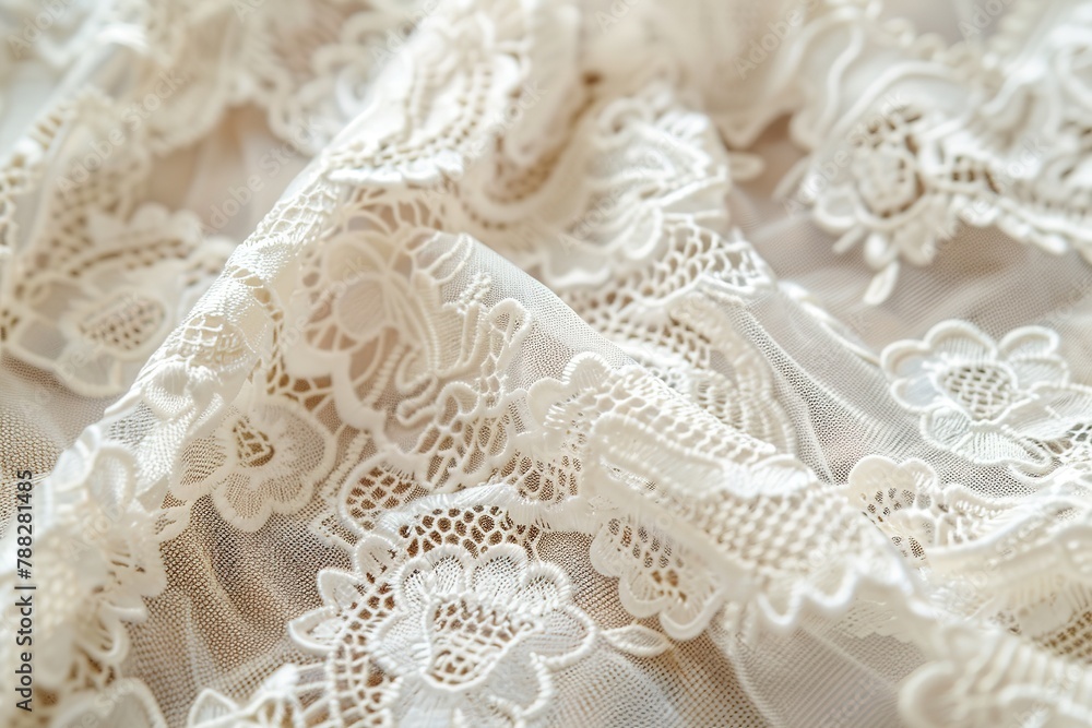 Obraz premium Delicate white lace fabric with intricate floral patterns.