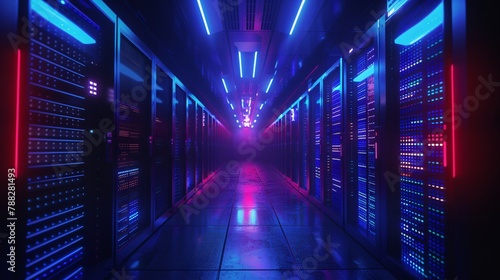 A dark and mysterious data center with red and blue lights illuminating the room.