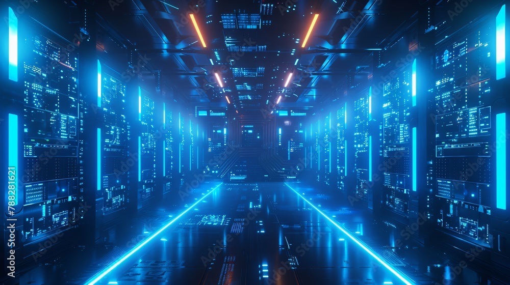 A futuristic sci-fi corridor lit by blue neon lights A futuristic sci-fi corridor lit by blue neon lights