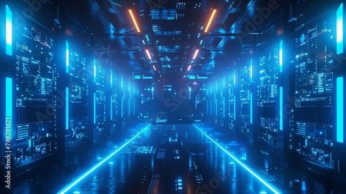 A futuristic sci-fi corridor lit by blue neon lights