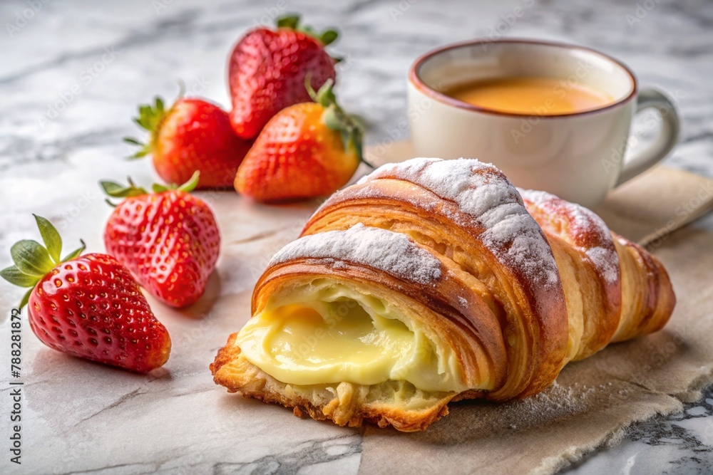 morning coffee with croissant and strawberries morning coffee with croissant and strawberries