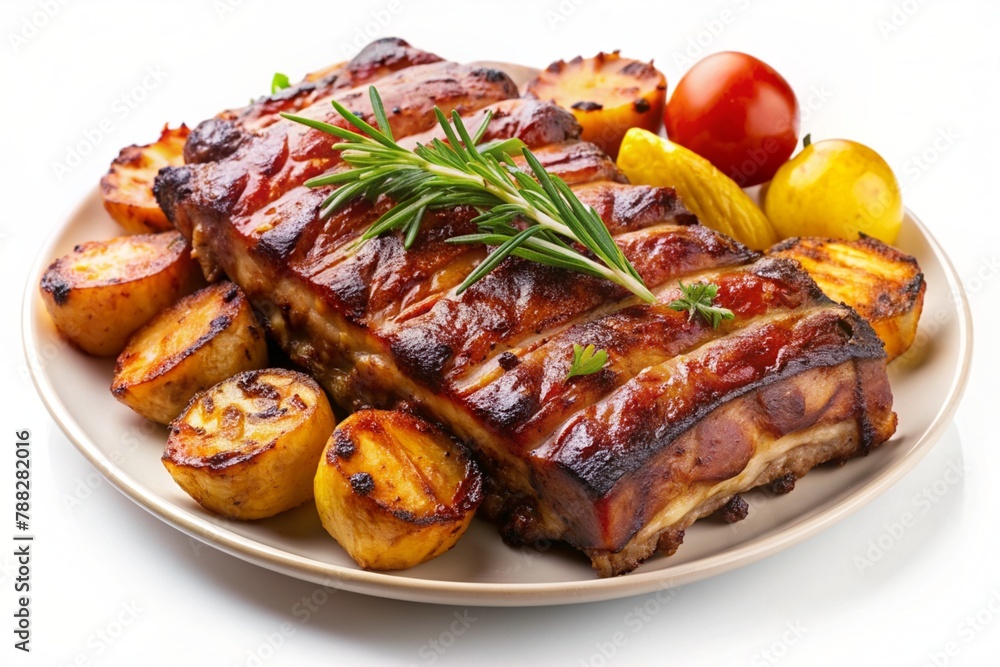 pork ribs baked with potatoes on a light plate on a white background pork ribs baked with potatoes on a light plate on a white background