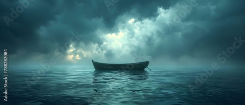 Serenity Amidst Storm: Solitary Boat on a Tempestuous Sea. Concept Seascape, Dramatic Weather, Isolation, Solitude, Nature's Power