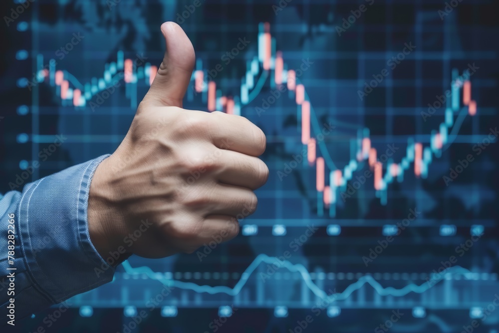 Positive feedback concept, thumb up with a bull crypto market graph backdrop, focusing on the gesture of approval - obrazy, fototapety, plakaty 