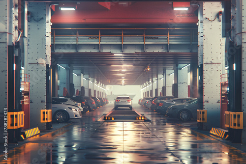 View inside ship cargo area with parked cars and vibrant lights dramatic ambiance photo