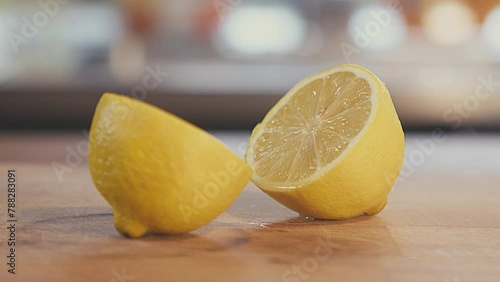 Close up of lemon fruit cut in half lying on a wooden table. Slow motion studio shot. Brightly lit. Defocused kitchen in the background. High quality 4k footage photo