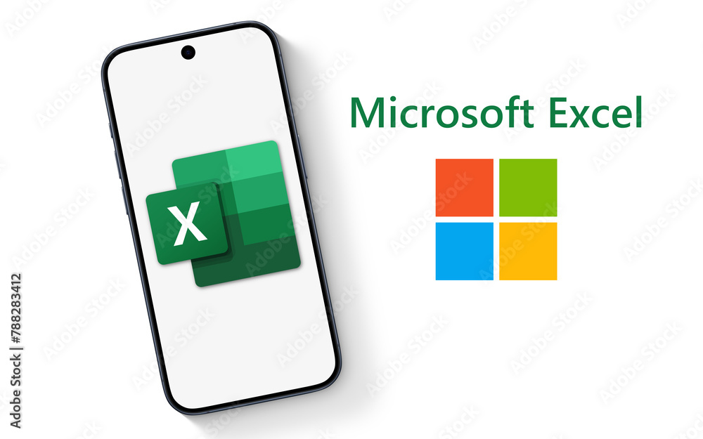 Microsoft Excel logo is displayed on a smartphone laying on a white ...