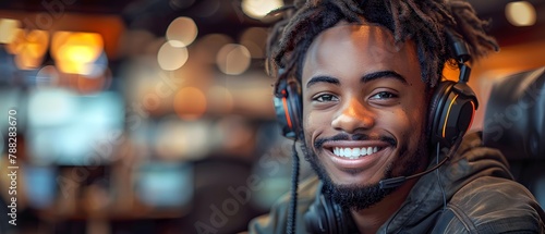 Illustration of call center worker wearing over-ear headphones for company business help desk and telephone assistance concept. Smiling while talking People talking on the phone will feel friendly. photo