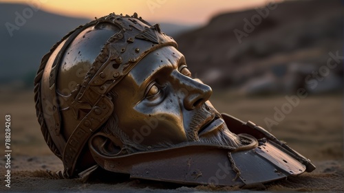 the lifeless body of King Philip II of Macedon lies on the ground, his once powerful gaze now forever frozen in death. The closeup shot captures every detai