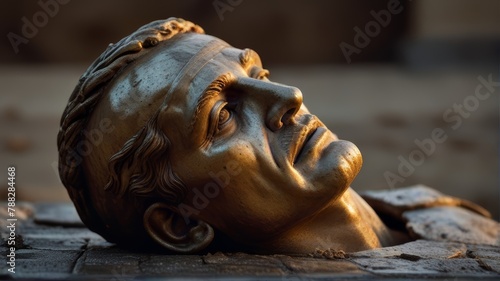 the lifeless body of King Philip II of Macedon lies on the ground, his once powerful gaze now forever frozen in death. The closeup shot captures every detai photo