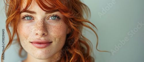 a portrait of a young beautiful ginger woman, with empty copy space, skin looking and facing to camera 