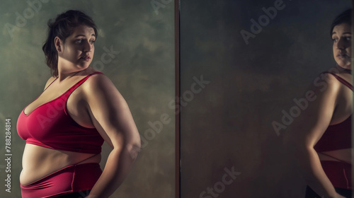 Woman in red athletic wear critically examining her reflection. photo