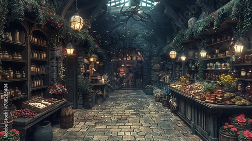 Retro fantasy marketplace, potions, scrolls, enchanted items, mystical vendors  photo