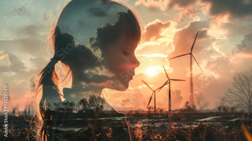 children and clean energy concept, light colors, Environmentally friendly installation of photovoltaic power plant and wind turbine farm situated by landfill background photo