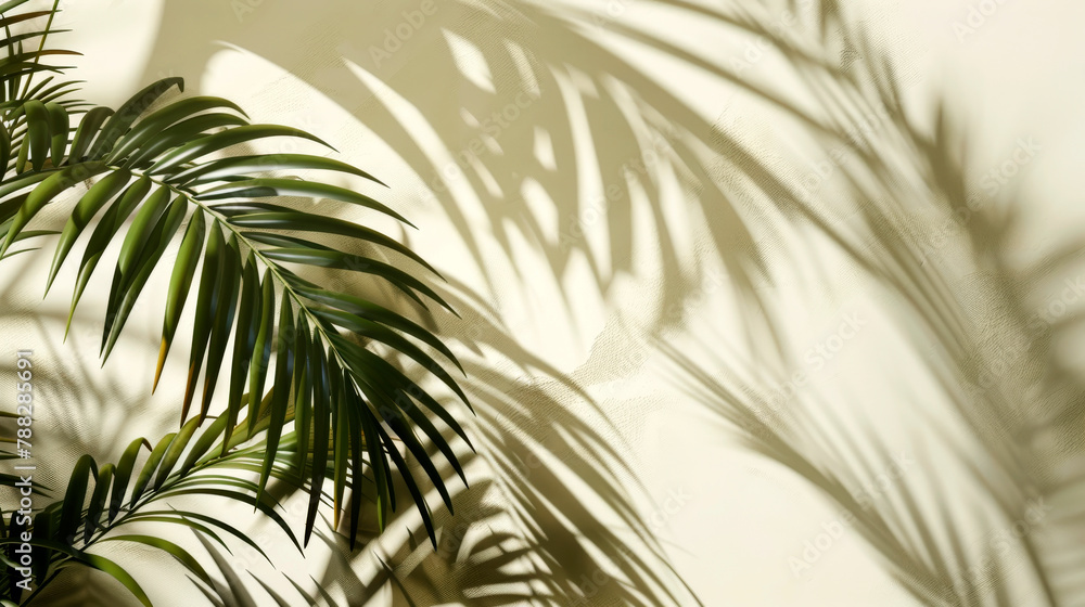 Fototapeta premium Tropical Palm Leaves Casting Beautiful Shadows on Beige Wall with Copy Space for Text Placement.