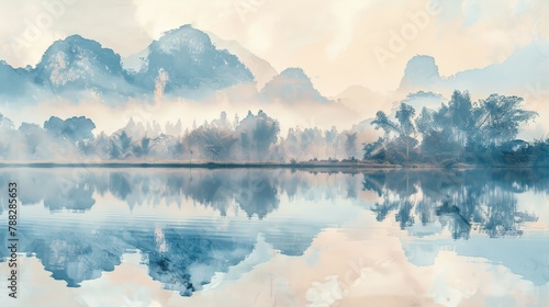 Amazing watercolor view of foggy morning of a mountain range with a lake in the foreground. water is calm and the sky is blue. travel landscapes and destinations
 photo