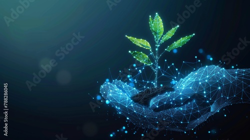 Abstract giving hand with young plant in soil. Low poly style design. Blue geometric background. Wireframe light connection structure photo