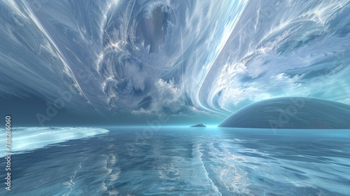 blue sky with clouds and a large wave in the ocean, Fractal Horizons, Abstract render of an alien sea and sky, fantasy, water, star, planet, universe, space, science, background