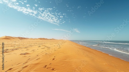 A vast expanse of golden sand stretching out to the horizon under a cloudless skyphoto illustration photo