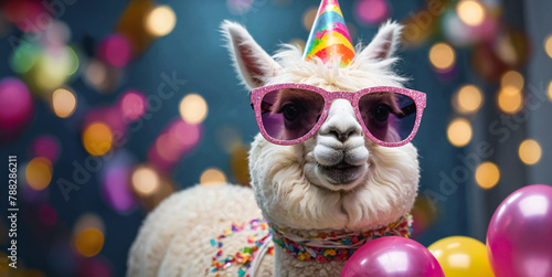 Cute smiling alpaca wearing birthday hat and funny sunglasses with balloons in the background. Happy Birthday party