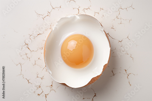 A cracked egg is sitting on a white plate