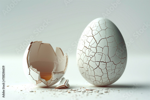 The cracked eggshell is broken into pieces, revealing the yolk inside. The broken shell and the yolk inside the egg create a sense of fragility and vulnerability