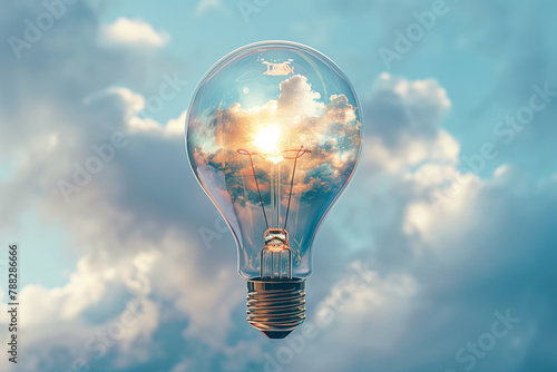 A light bulb is lit up in a cloudy sky. Scene is one of hope and inspiration