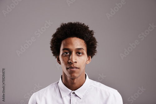Obraz na płótnie Portrait, business and serious face with black man, assertive and employee on a grey studio background